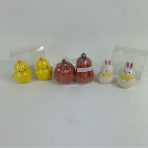 3 - NOS Salt and Pepper shaker sets, chicks, bunnies, & pumpkins.